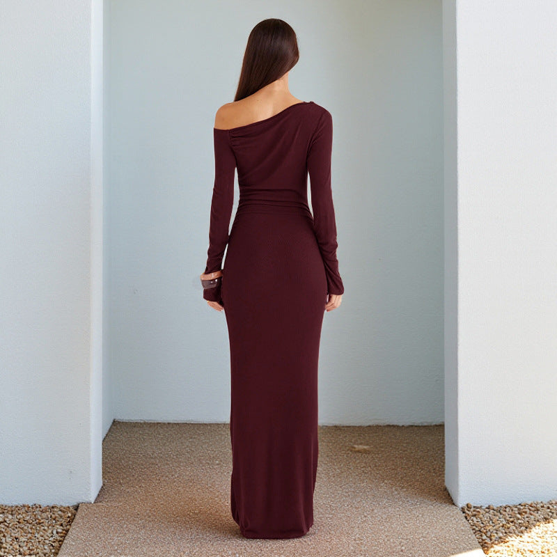Damen One-Shoulder Abend-Maxikleid mit langem Arm und taillierter Drapierung – Avérine
