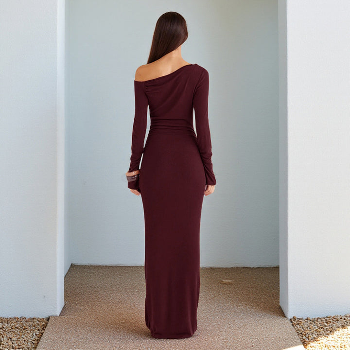 Damen One-Shoulder Abend-Maxikleid mit langem Arm und taillierter Drapierung – Avérine