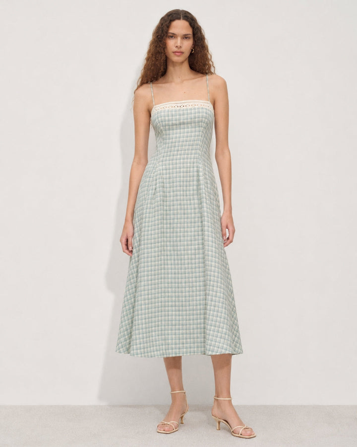 Damen nan Vintage-inspiriertes Midikleid mit schmalen Spaghettiträgern, Spitzenpassé und ausgestelltem Tellerrock Echo Archiv