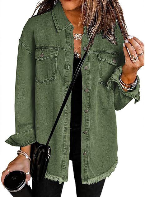 Damen Oversize Jeanshemdjacke mit Fransensaum Echoarchiv