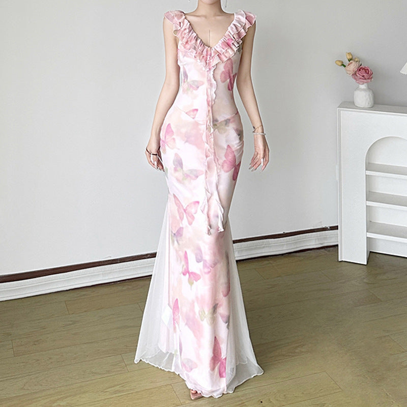 Damen Maxikleid aus transparentem Chiffon mit Rüschendetails und floralem Design Echo Archiv