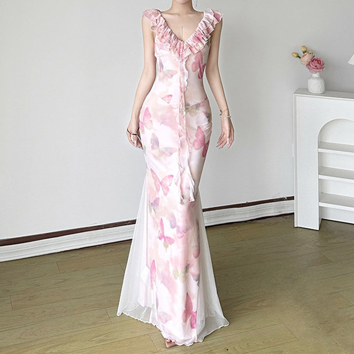 Damen Maxikleid aus transparentem Chiffon mit Rüschendetails und floralem Design Echo Archiv