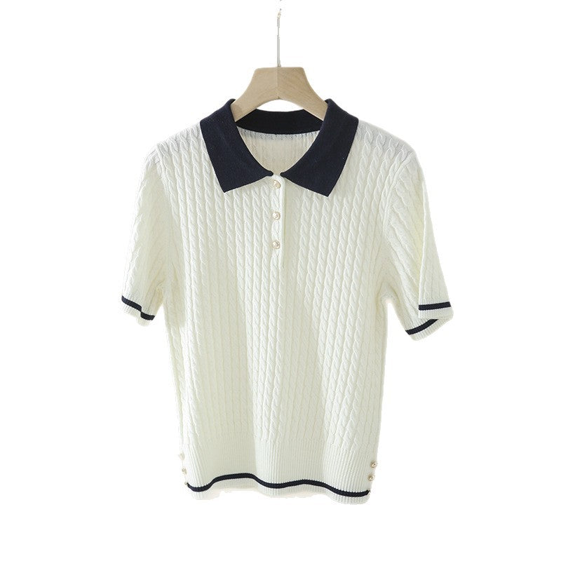 Damen Kurzarm Strickpoloshirt mit Zopfmuster und Kontrastkragen Echo Archiv