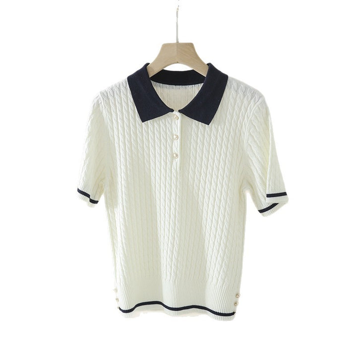Damen Kurzarm Strickpoloshirt mit Zopfmuster und Kontrastkragen Echo Archiv
