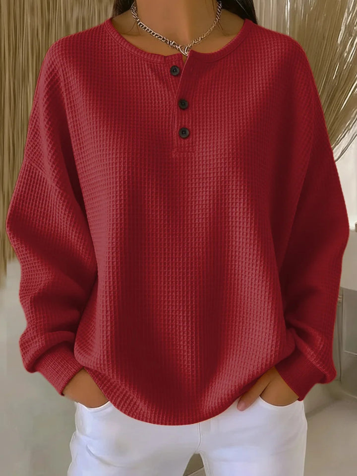 Damen nan Oversized Waffelstrick Henley-Pullover mit Knopfleiste und abgerundetem Saum Echo Archiv