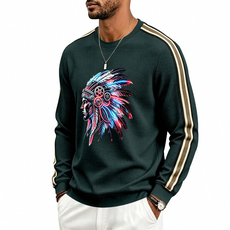 Herren Sweatshirt mit Federkopfschmuck-Print, Waffelstruktur und kontrastierenden Schulterstreifen – Norvane