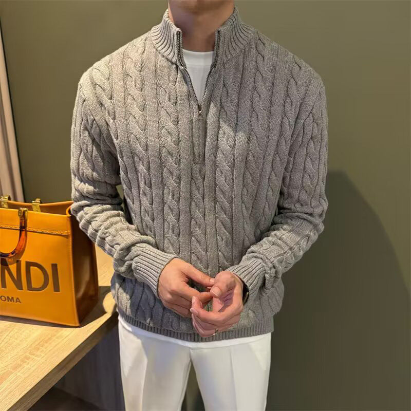 Herren Zopfstrick-Halbzip-Pullover mit Stehkragen Echoarchiv