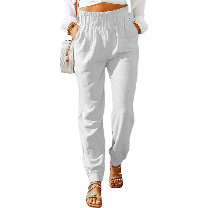 Damen Hochtaillierte Leinenoptik-Joggerhose mit elastischem Rüschbund und Eingrifftaschen Echoarchiv