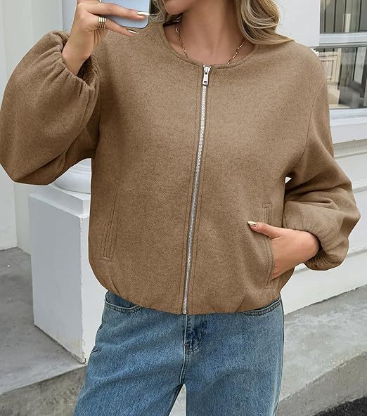 Damen Kurzjacke mit durchgehendem Reißverschluss, Ballonärmeln und elastischem Saum Echoarchiv