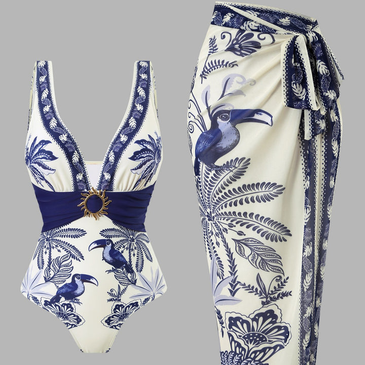 Damen Einteiliger Badeanzug mit floralem Design und elegantem Wickelrock Echo Archiv