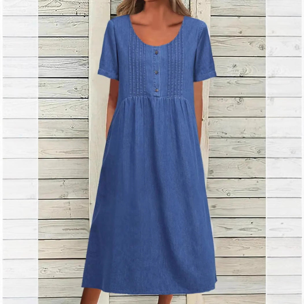Damen nan locker sitzendes Midikleid im Denim-Look mit Rundhalsausschnitt, Brustbiesen und seitlichen Eingrifftaschen Echo Archiv