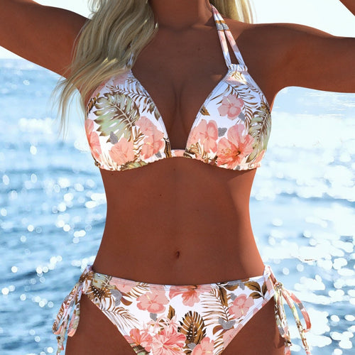 Damen Bikini-Set mit elegantem Palmendruck und geschmackvollem Schmuckdetail Echo Archiv