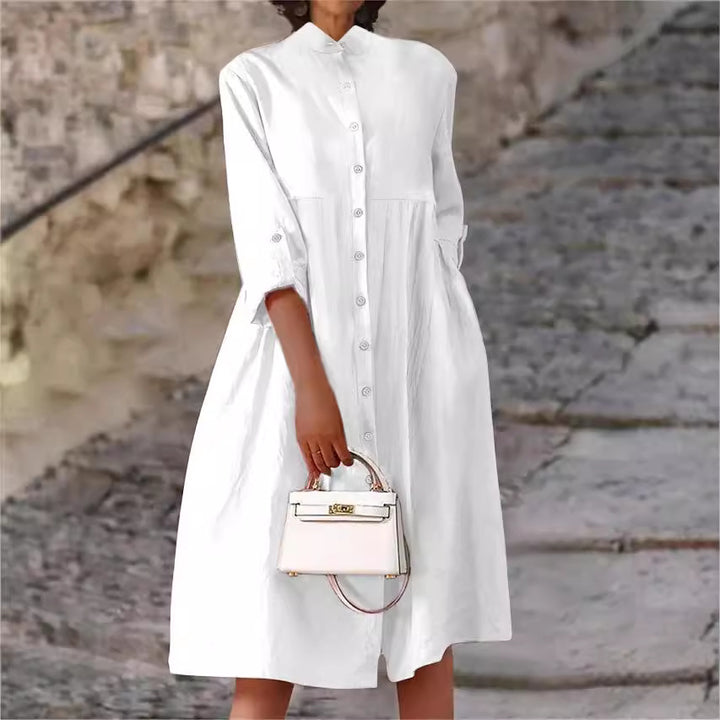 Damen Oversize Midi Kleid im Leinen-Look mit Stehkragen, Knopfleiste und Seiten Taschen – Élara