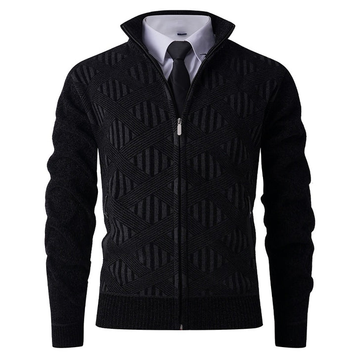 Herren Geometrischer Jacquard-Zipcardigan mit Stehkragen und Reißverschlusstaschen Echo Archiv
