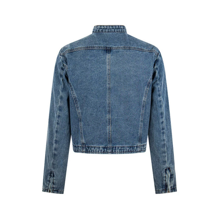 Damen Kurz geschnittene taillierte Jeansjacke mit Stehkragen und verdecktem Reißverschluss Echoarchiv