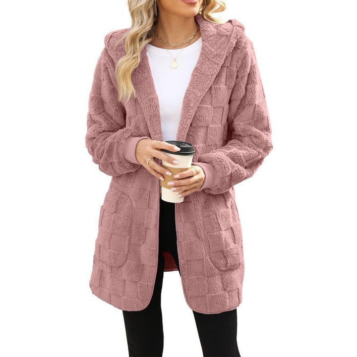 Damen nan kuschelige Kapuzen-Longjacke aus Teddyfleece mit aufgesetzten Taschen und strukturierter Karooptik Echo Archiv