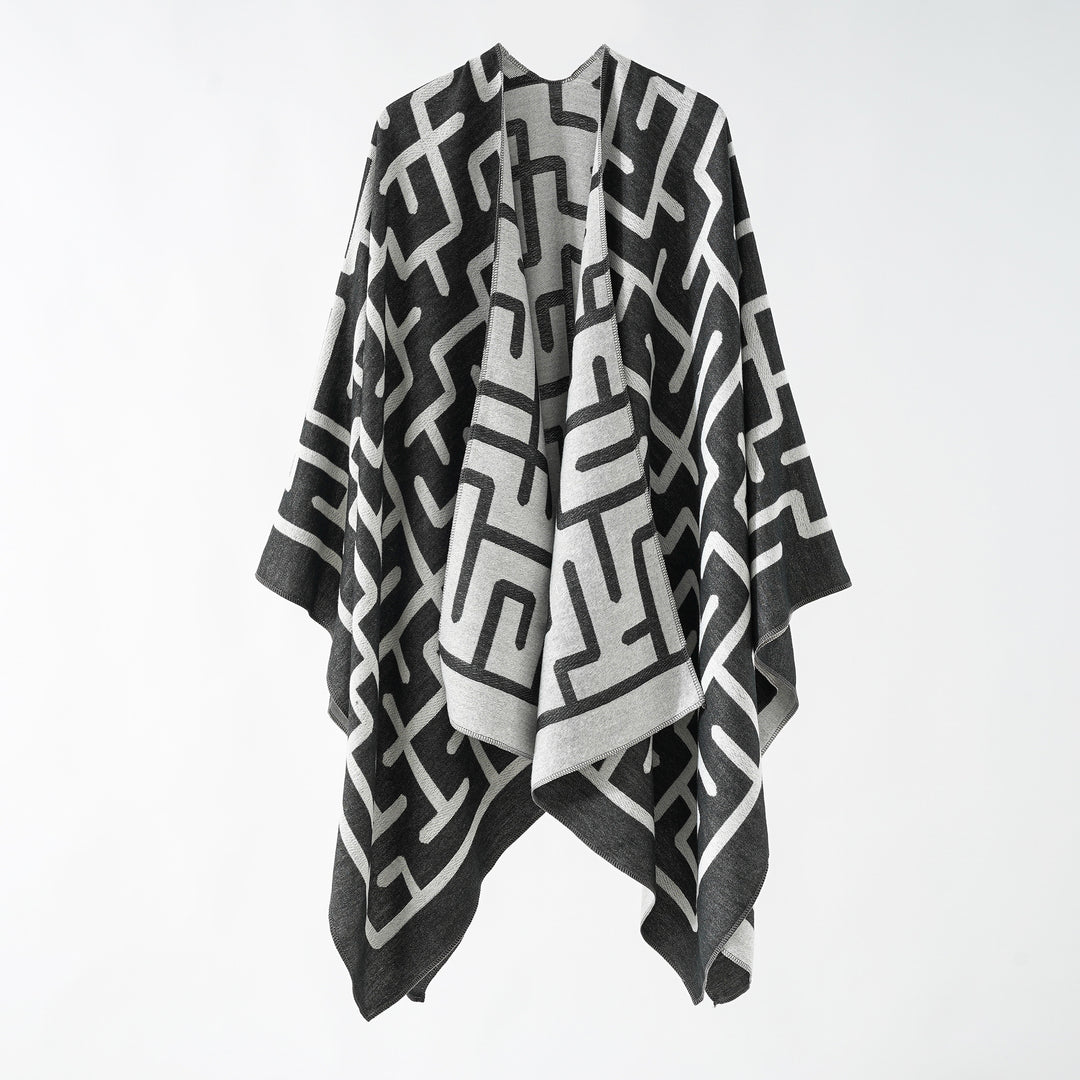 Damen Oversize-Doubleface-Überwurf mit geometrischem Jacquard und offener Front Echo Archiv