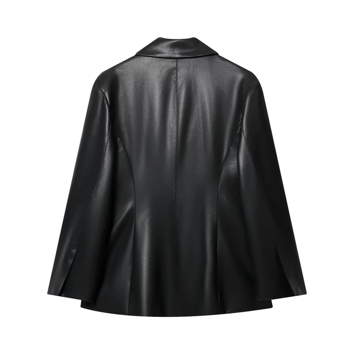 Damen nan luxuriöser veganer Blazer im Lederlook mit schmaler Silhouette, Schalkragen und Pattentaschen Echo Archiv