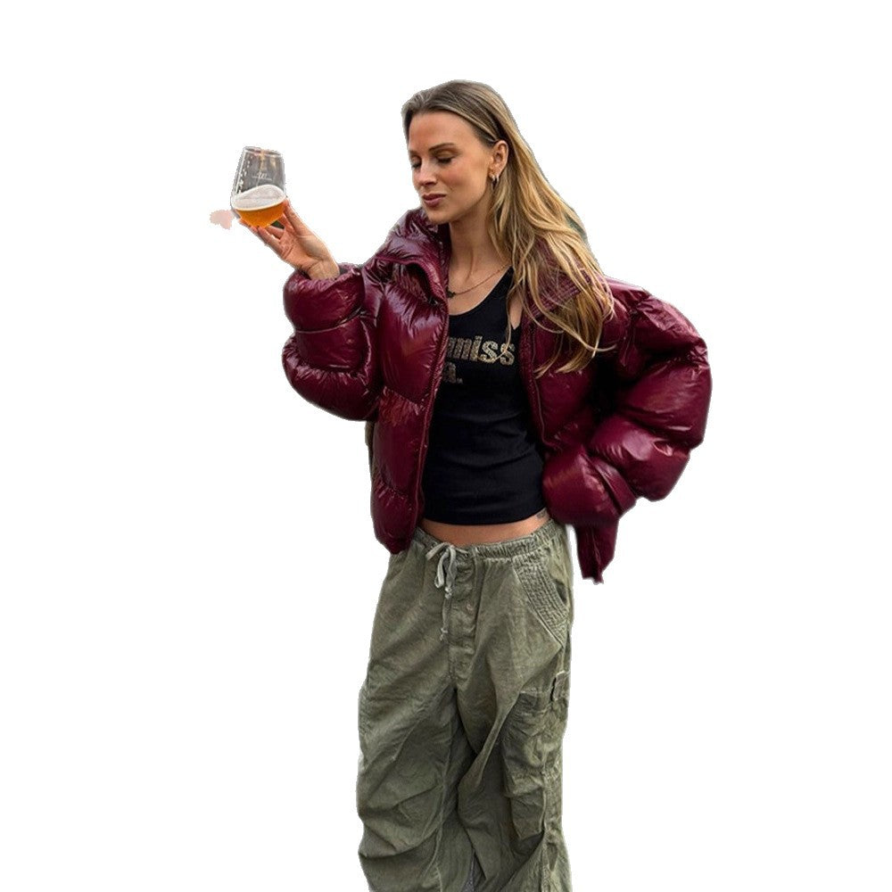 Damen Glänzende Oversize-Steppjacke mit Kapuze und hohem Stehkragen Echoarchiv