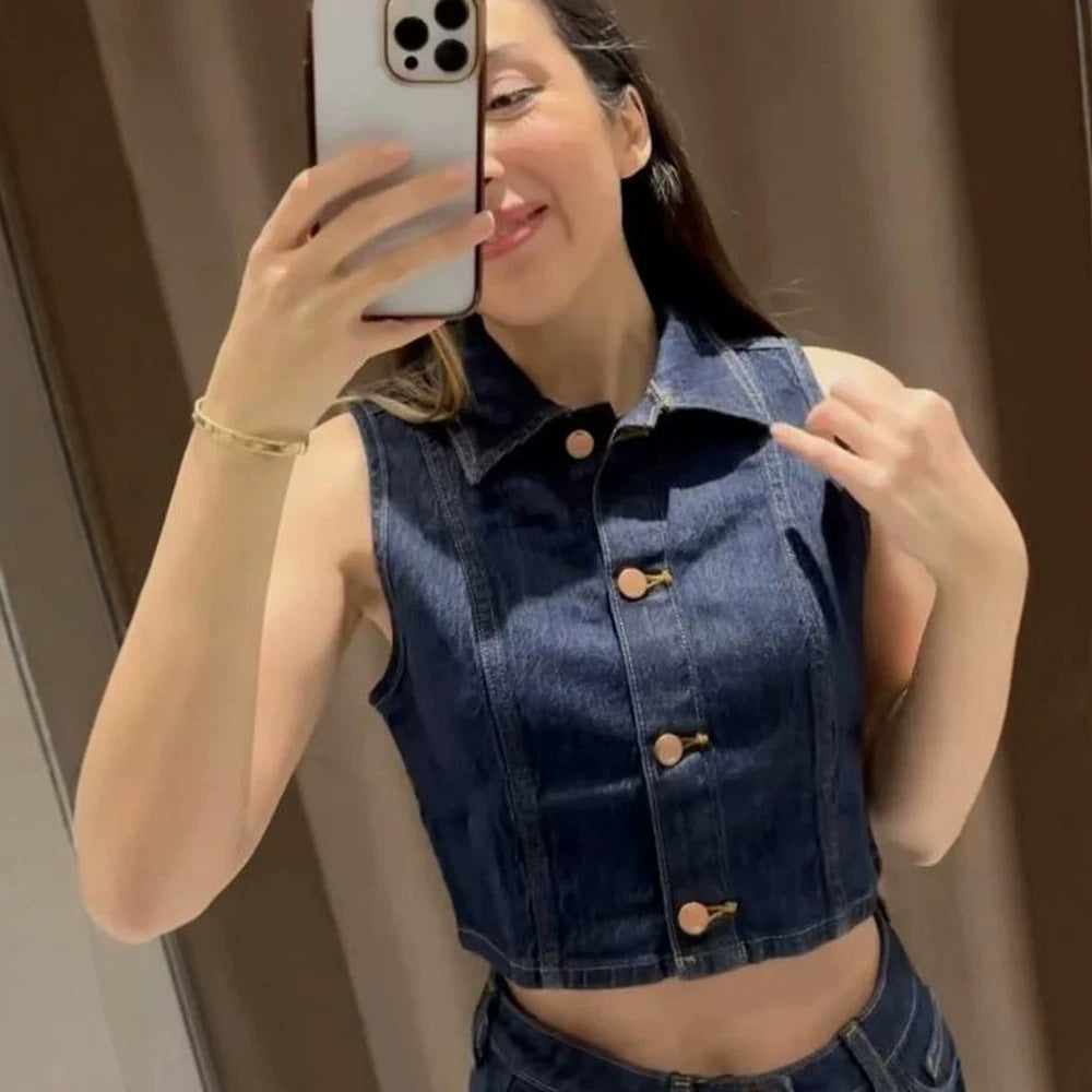 Damen Kurz geschnittene Jeansweste mit taillierter Paneelierung und Metallknopfleiste Echoarchiv