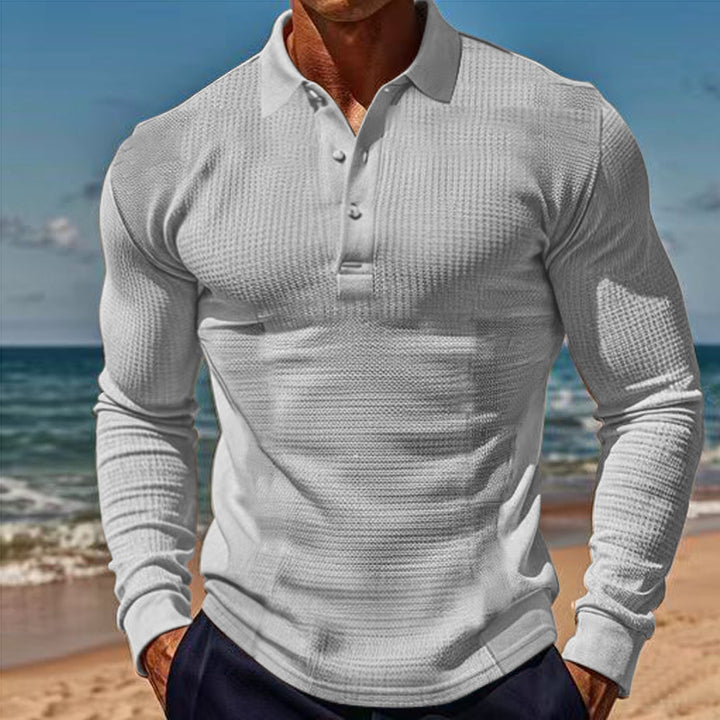 Herren Langarm-Henley-Shirt aus atmungsaktivem Strukturmaterial mit dekorativen Knöpfen Echoarchiv