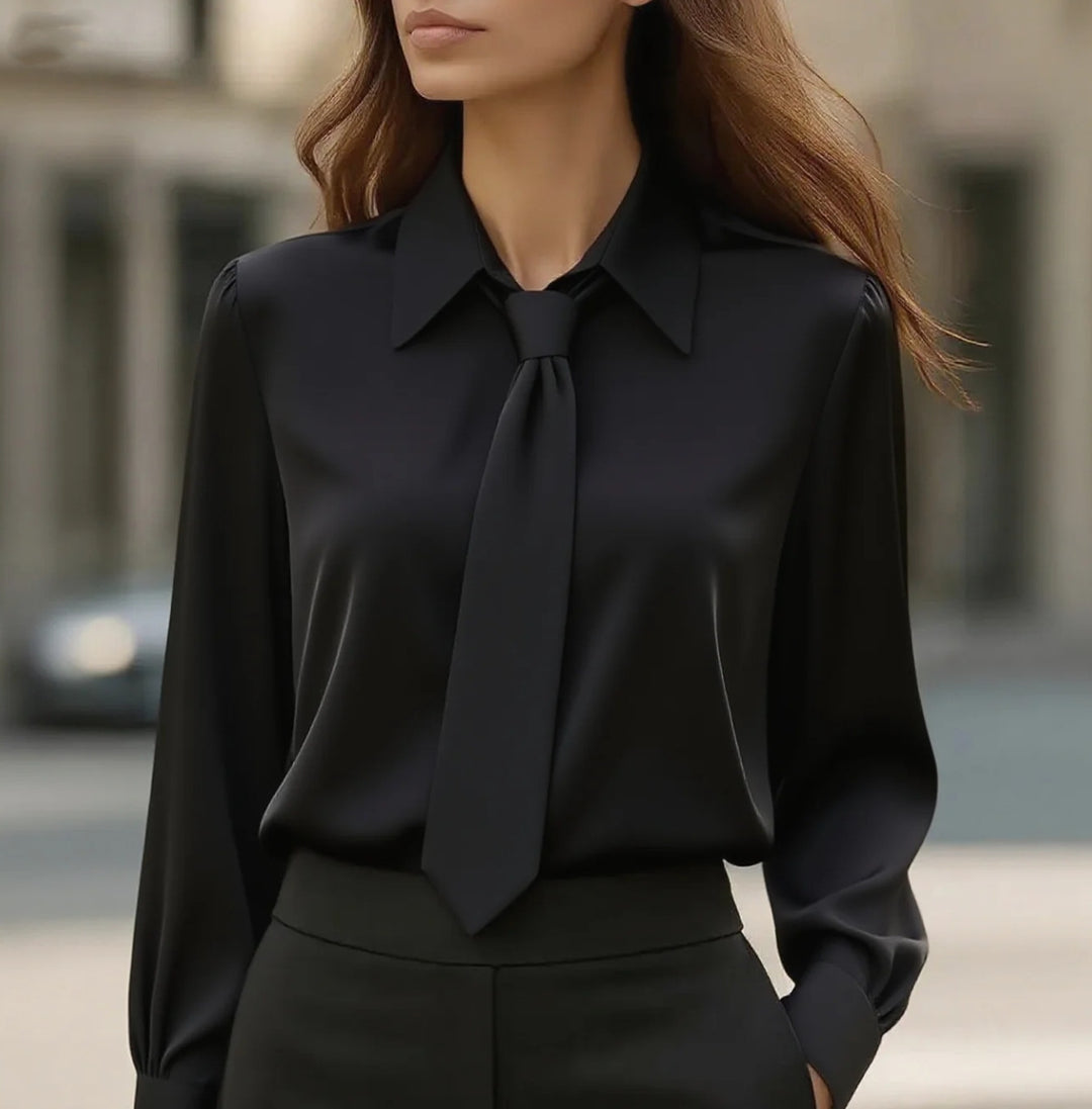 Damen Seidige Business Bluse mit Hemdkragen und integrierter Schleife Echoarchiv