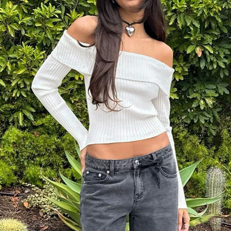 Damen Schulterfreies Rippstrick-Cropped-Top mit taillierter Passform und langen Ärmeln Echoarchiv