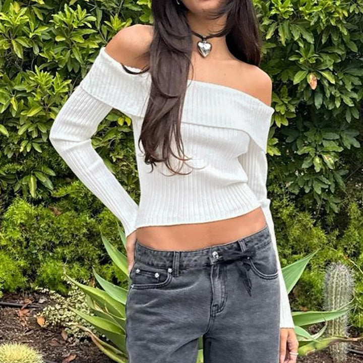 Damen Schulterfreies Rippstrick-Cropped-Top mit taillierter Passform und langen Ärmeln Echoarchiv