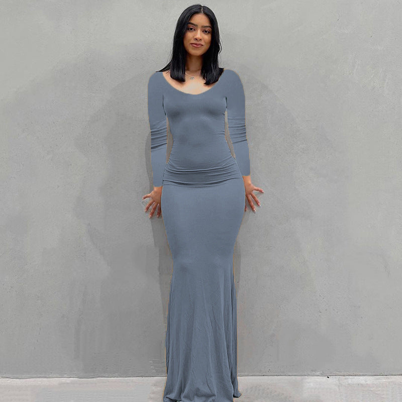 Damen Körperbetontes Maxi‑Jerseykleid mit taillierter Drapierung, langen Ärmeln und ausgestelltem Saum – Valéora