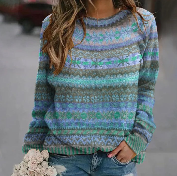 Damen gemusterter Strickpullover mit Rundhalsausschnitt, Fair Isle Muster und lässigem Oversized-Schnitt Echoarchiv