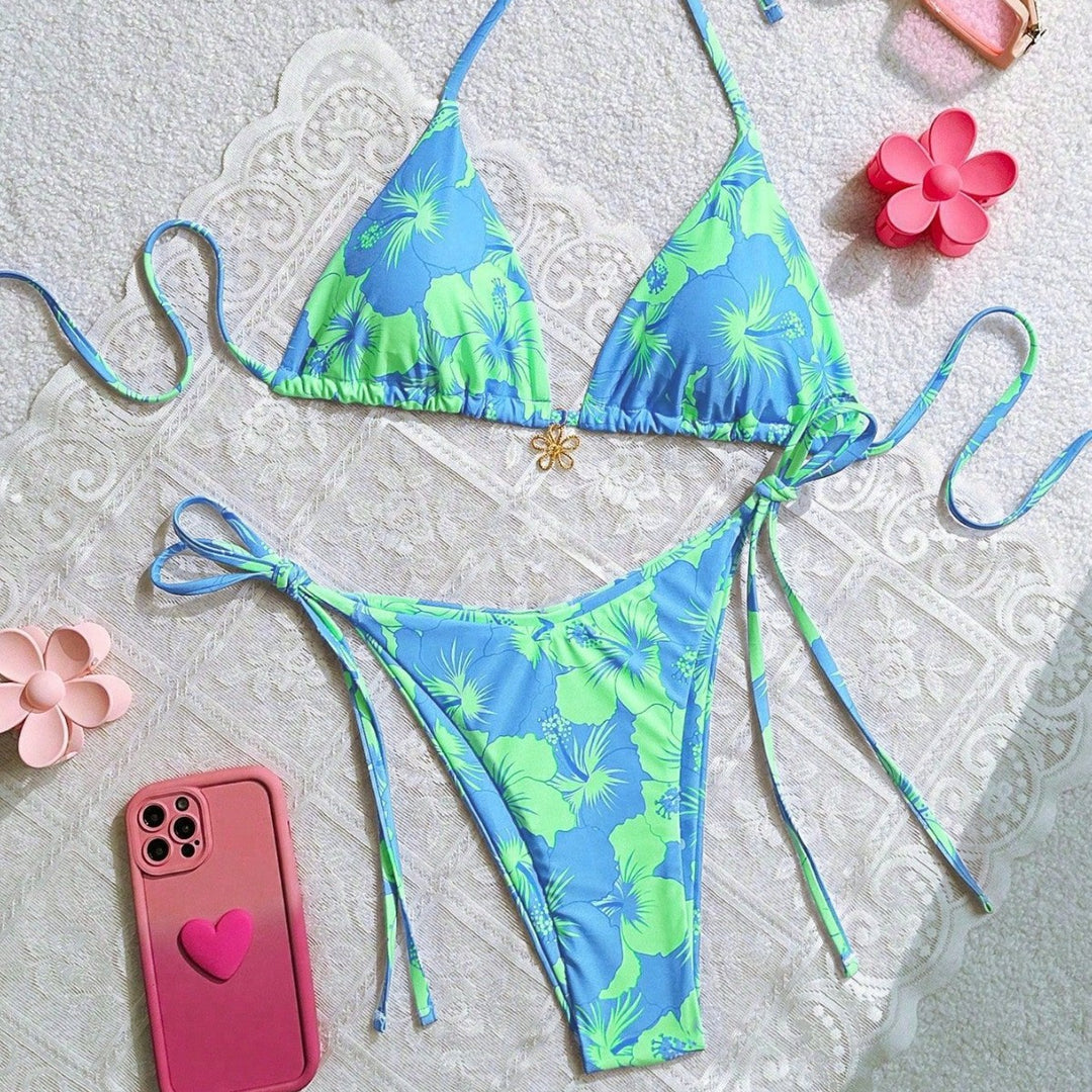 Damen Triangel-Bikini mit floralen Akzenten und raffinierten Bindebändern Echo Archiv