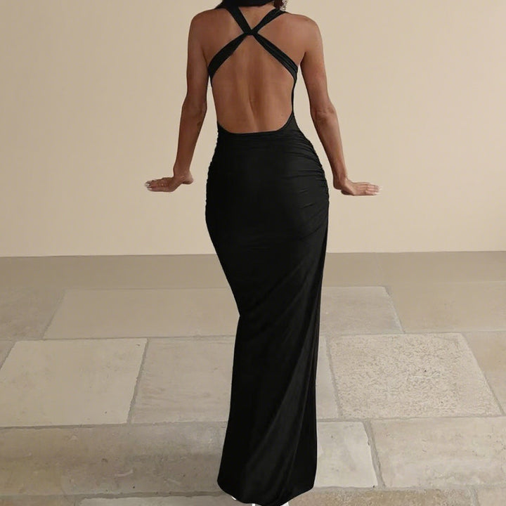 Damen Elegantes figurbetontes Abendkleid mit drapiertem Oberteil und goldenen Trägern Echo Archiv