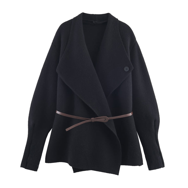 Damen Kurzgeschnittener Wollmix-Cardigan-Mantel mit weitem Schalkragen und schmalem Bindegürtel Echoarchiv