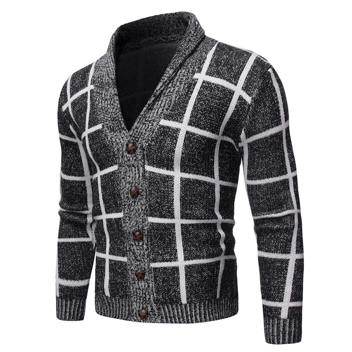 Herren modische Strickjacke mit V-Ausschnitt und modernem Karomuster Echoarchiv