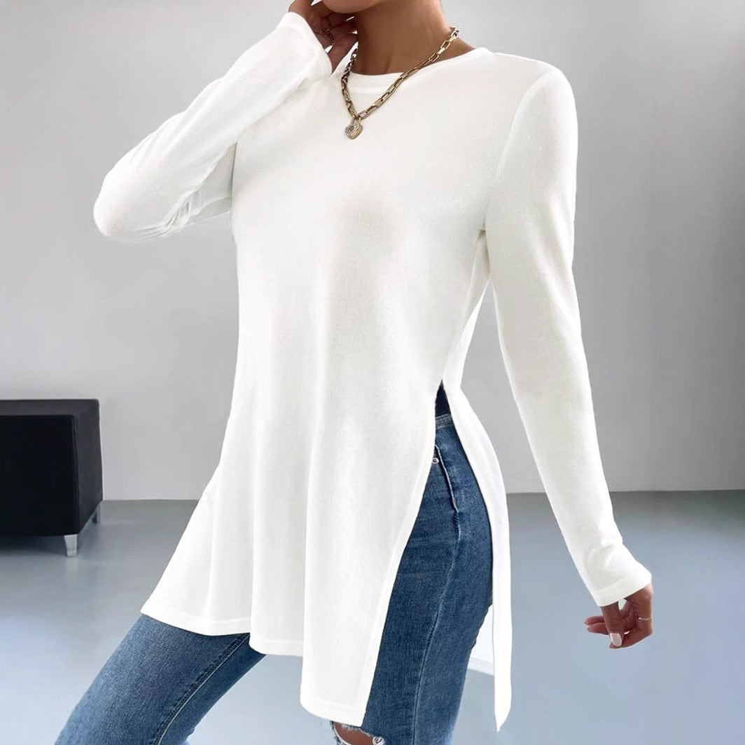 Damen Langes Feinstrick-Tunika-Shirt mit Seitenschlitzen und gerundetem Saum – Mavelle