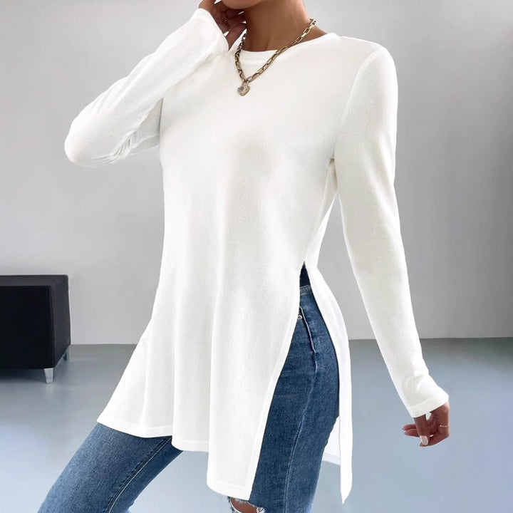 Damen Langes Feinstrick-Tunika-Shirt mit Seitenschlitzen und gerundetem Saum – Mavelle