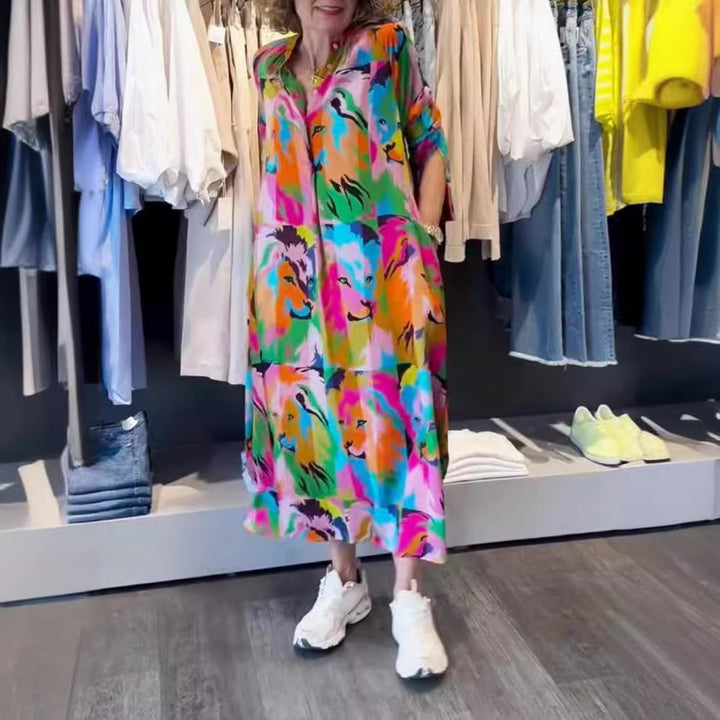 Damen nan Hemdblusen-Maxikleid mit Pop‑Art-Löwenprint, Knopfleiste und Eingrifftaschen Echo Archiv