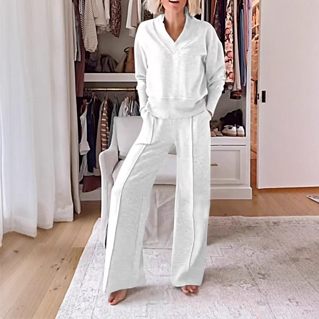 Damen Zweiteiliges Lounge-Set aus weichem Jersey mit V-Ausschnitt und weitem Palazzohosen-Schnitt Echo Archiv