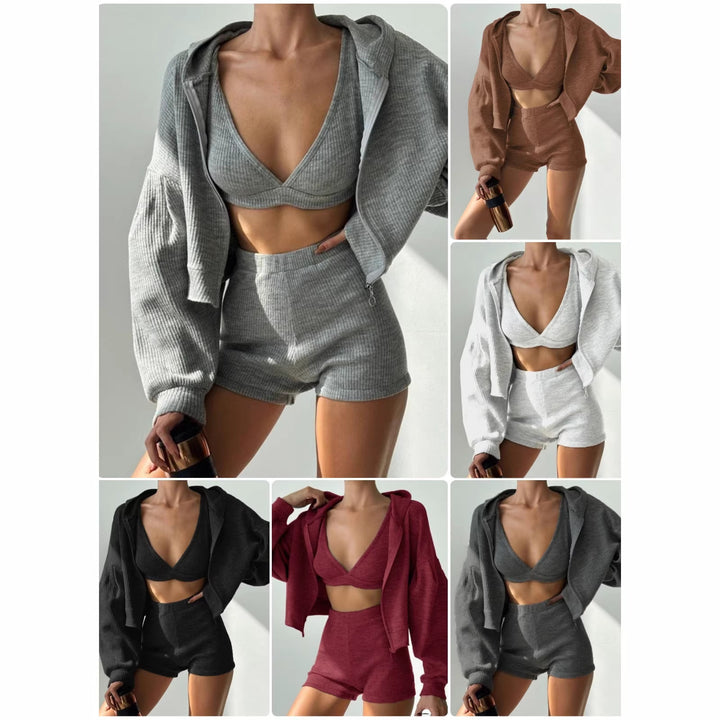Damen Geripptes Lounge-Set mit Reißverschluss-Hoodie, Stretch-Bralette und High-Waist-Shorts Echoarchiv