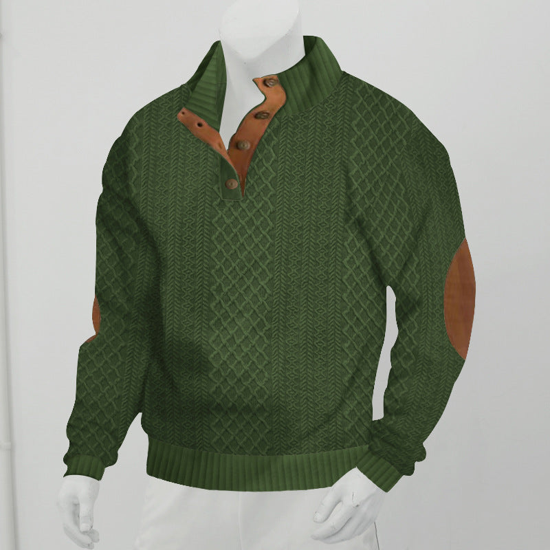 Herren Strukturierter Aran-Strickpullover mit halbem Knopfleistenkragen und Leder-Ellbogenpatches Echoarchiv