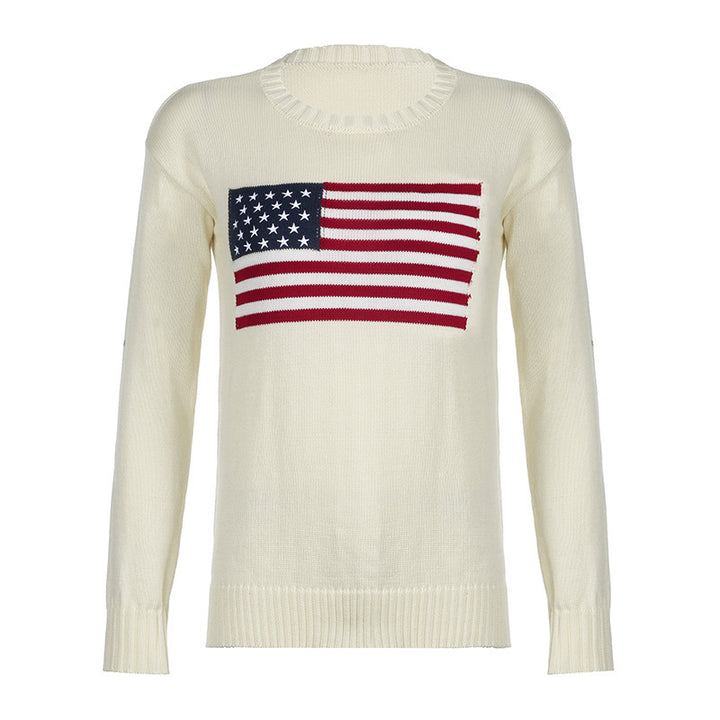 Damen Kuscheliger Baumwollmix-Strickpullover mit Rundhals und eingestrickter Flaggenapplikation Echo Archiv