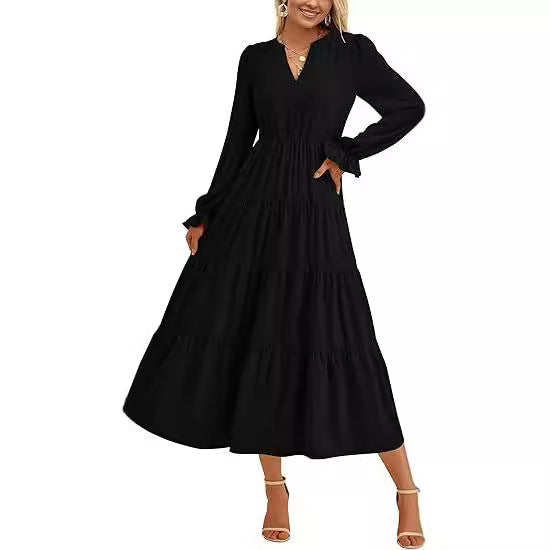 Damen Stufiges Midikleid mit V-Ausschnitt, geraffter Taillennaht und Rüschenmanschetten Echo Archiv