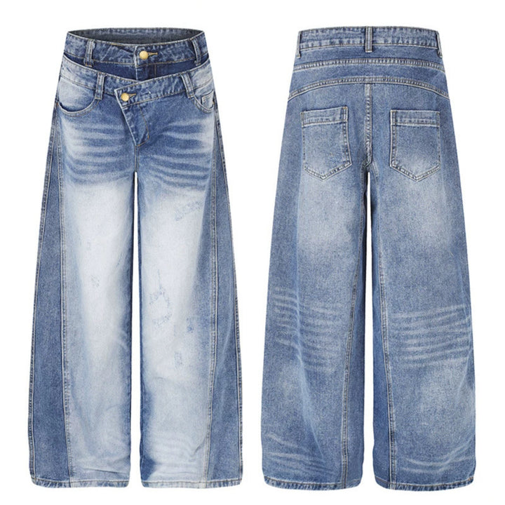 Damen Jeanshose mit weitem Culotte‑Schnitt, asymmetrischem Doppelbund und Kontrast-Seitenbahnen Echoarchiv