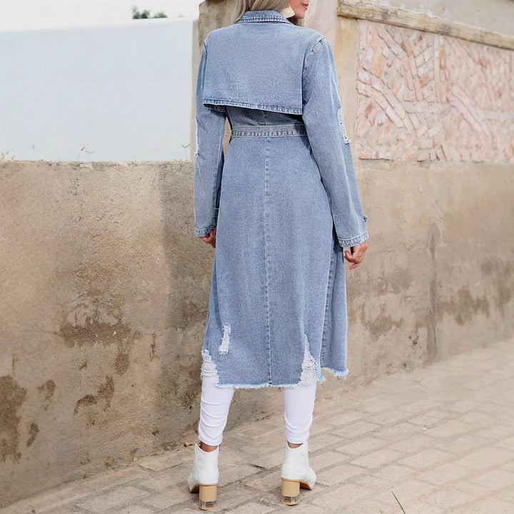 Damen Langer Denim-Trenchcoat mit Distressed-Saum und Doppelreihiger Knopfleiste Echo Archiv