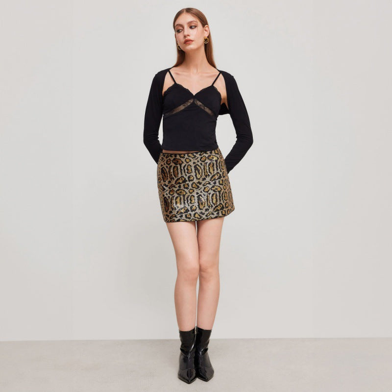 Damen Glitzernder Minirock mit Leopardenmuster und Paillettenbesatz Echo Archiv