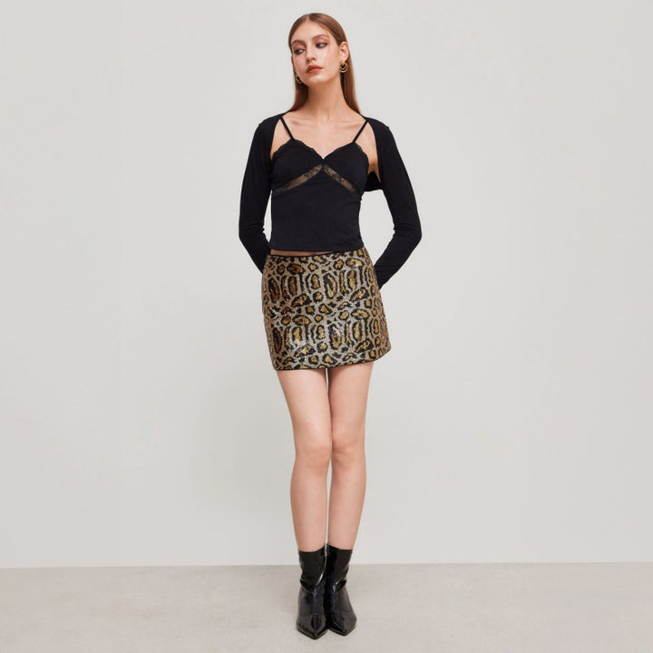 Damen Glitzernder Minirock mit Leopardenmuster und Paillettenbesatz Echo Archiv