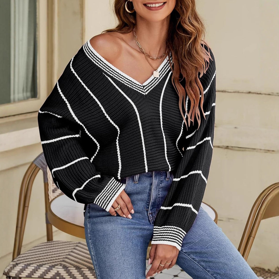 Damen Cropped Strickpullover mit V-Ausschnitt, Waffelstruktur und kontrastierenden Streifen – Mavelle