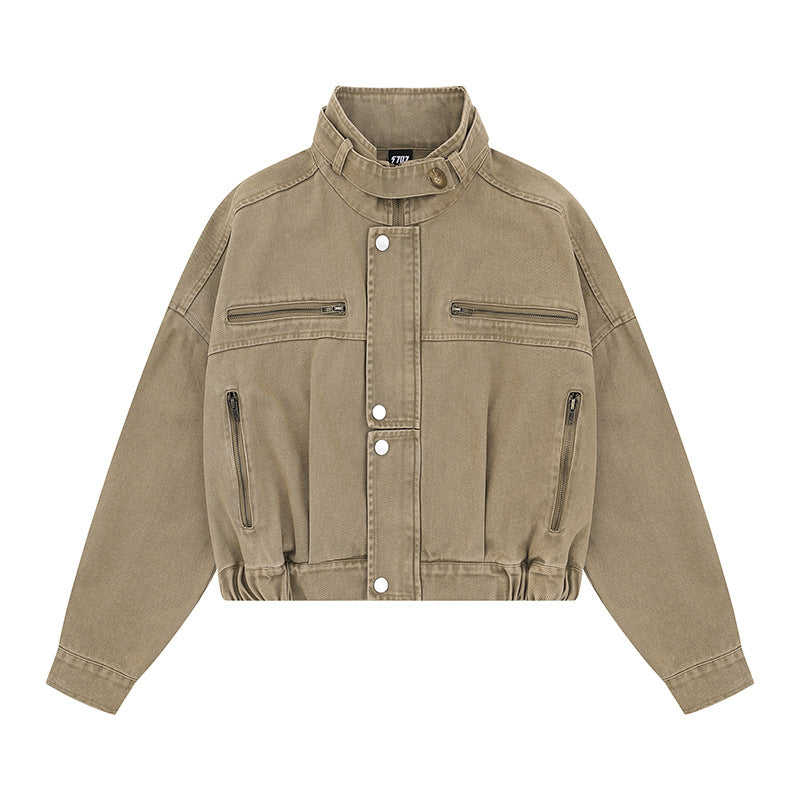 Damen Cropped Utility-Bomberjacke mit Stehkragen, Reißverschlusstaschen und Elastbund Echoarchiv