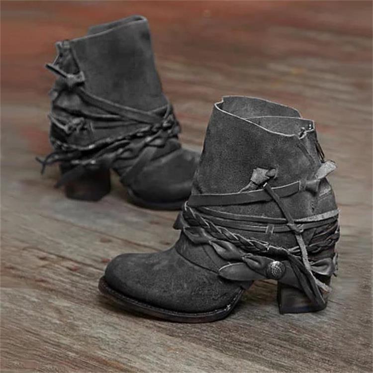 Damen Vintage Western-Ankleboots aus Velourslederoptik mit geflochtenen Zierriemen und niedrigem Blockabsatz Echo Archiv