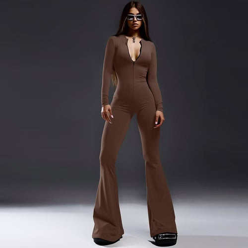 Damen Figurbetonter Jumpsuit mit tiefem V-Ausschnitt und ausgestellten Beinen Echo Archiv